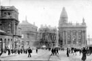 View: s16029 Fitzalan Square from High Street, looking towards Commercial Street and Sheffield Gas Co. Offices, Birmingham District and Counties Banking Co. Ltd., right, Fitzalan Market Hall and General Post Office (Haymarket), left