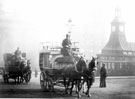 View: s16038 Horse drawn bus passing Fitzalan Square, 1890-1905 showing (right) the omnibus waiting room