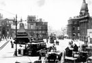 View: s16049 Fitzalan Square, 1895-1915, looking towards Fitzalan Market Hall and Haymarket, cab stand, foreground, Omnibus Waiting Rooms, left, General Post Office (Haymarket) and Birmingham District and Counties Banking Co. Ltd., right