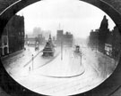 View: s16055 Elevated view of Fizalan Square looking towards Fitzalan Market Hall, High Street and Haymarket, Market Street (later became part of Fizalan Square), left, Omnibus Waiting Rooms, centre