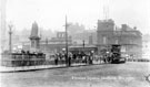 View: s16056 Fitzalan Square looking towards Fitzalan Market Hall and The De Bear Schools, Business Training, Fitzalan Chambers, Edward VII Statue, left