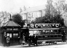 Horse drawn tram No. 44 at Nether Edge Terminus, Nether Edge Road, cab shelter on left, Montgomery Mount, (houses on Machon Bank Road) in background