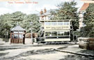 Nether Edge tram terminus, cabman shelter and double deck electric tram, Nether Edge Road, Machon Bank Road in background