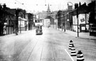 Tram No. 408 on Shalesmoor towards junctions of Infirmary Road and Penistone Road, Ship Inn and Dun Fields, left, Nags Head (junction of Matthew Street) and Nichols Building, right