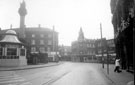 Moorhead showing Coronation Decorations, looking towards Furnival Street, Union Street and Newton Chambers (Newton House), Grapes Hotel, right, Crimean Monument and Passenger Transport Enquiry Office, left