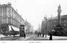 Tram No. 67 at Moorhead looking towards Pinstone Street, 1895-1915, T. and G. Roberts, drapers, left, Crimean Monument, right