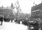 View: s18115 Royal visit of King Edward VII and Queen Alexandra, Moorhead, showing Crimean Monument, Newton Chambers, Newton House and Moorhead Brewery, right