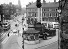 Elevated view of Moorhead looking towards Pinstone Street, Passenger Transport Enquiry Offices and Crimean Monument, foreground, Nelson Hotel, in background