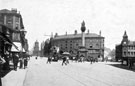 Moorhead looking towards Pinstone Street and St. Paul's Church, Crimean Monument and Newton Chambers Ltd., Newton House, right