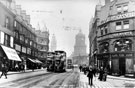 View: s18760 Pinstone Street at junction with Charles Street, No. 107 Harry Cassell, furrier, right, Nos. 78-80, Leonard Beswick, printer, left, Sheffield Cafe Co., Wentworth Cafe, in background