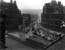 View: s18776 Elevated view of Pinstone Street looking towards The Moor, Prudential Buildings, left, premises on right include Nos. 48 - 62 Stewart and Stewart Ltd., tailors