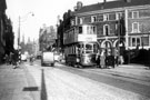 Pinstone Street from Moorhead, 1950-1955, Nelson Hotel behind tram