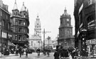 View: s18850 Pinstone Street, looking towards St. Paul's Church and Town Hall, premises on left include Nos. 60 - 62, Stewart and Stewart, tailors and Sheffield Cafe Co., Wentworth Cafe, premises on right include No. 107a Wesleyan and General Assurance Society