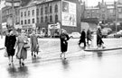 View: s19560 Snig Hill from West Bar/Bridge Street, premises in background include Nos. 55 - 57 Winstons (Sheffield) Ltd., outfitters, No. 59 W.E. Burrell Ltd., outfitters, No. 61 Don Valley Cleaners Ltd.