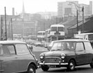 View: s20193 Suffolk Road showing bad traffic congestion, from Queens Road roundabout looking towards Leadmill Road and Kennings Ltd., motor car agents