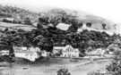 Ashopton Village, Sheffield to Glossop road, demolished in the 1940's to make way for construction of Ladybower Reservoir. Methodist Chapel, centre, single deck tram used as tea room, right