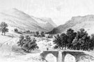 Derwent, Pack Horse Bridge in foreground which is now at Slippery Stones