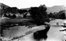 Ashopton from River Derwent. Buildings on left (right-left), Methodist Chapel, Toll House, Village Shop and Rose Cottage. Bamford Edge, right in distance