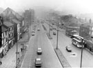 View: s20606 Elevated view of The Wicker taken from the Wicker Arches showing No. 79 Viaduct public house, junction with Andrew Street (right), Hallats Transport House Cafe and Studio 7 Cinema (left)