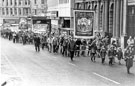 View: s22858 Sheffield Trades Council Unions march in aid of the miners, from High Street up Church Street during Miners Strike 1984-85 (early February 1985)