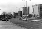 View: s23069 Novotel Hotel, Arundel Gate looking towards Family and Community Services Dept., Redvers House; The Tower and Furnival House showing the pedestrian subway at the top of Howard Street