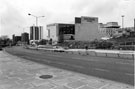 View: s23071 Novotel Hotel, Arundel Gate, The Tower and Furnival House from the pedestrian subway at the top of Howard Street  with the Town Hall extension (known as the Egg Box (Eggbox)) in the background