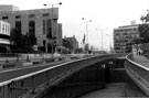 View: s23082 Pedestrian subway across Arundel Gate from Howard Steet looking towards the Register Office; Novotel Hotel and Leader House with Sheffield Hallam University, Owen Building (formerly Sheffield College of Technology) right