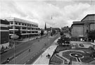 View: s23097 Elevated view of Barkers Pool looking towards Cole Brothers and the City Hall with Barkers Pool Garden in the foreground