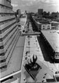 View: s23191 Elevated view of The Moor, from Manpower Services Commission Building showing the Crucible Sculpture Fountain by Judith Bluck (unveiled 1979) and the junction with Cumberland Street