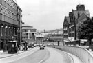 View: s23755 Alfredo's gents and ladies hairstylist (left) and Corporation Buildings (right), Snig Hill looking towards the Law Courts, West Bar