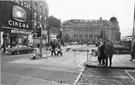 View: s23917 Road works in Fitzalan Square looking towards the General Post Office with the Classic Cinema and The Sleep Shop, bedding retailers, left