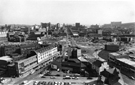 View: s24110 Elevated view from Lansdowne Flats of Moorfoot roundabout showing Beeley Street connecting Ecclesall Road and London Road (bottom); St. Mary's Gate (right) and The Moor