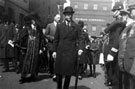 View: t00241 Royal visit of Edward Prince of Wales arriving with Lord Mayor Willian Carter Fenton at Walker and Hall Ltd., Electro Works, Eyre Street. Old  Public Library in background