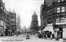 Pinstone Street, looking towards St. Paul's Church and Town Hall, premises on left include Nos. 60 - 62 Stewart and Stewart, tailors and Sheffield Cafe Co., Wentworth Cafe