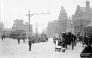 View: t00980 Fitzalan Square looking towards Fitzalan Market Hall and Haymarket, Cab Stand, foreground, Omnibus Waiting Room, left, General Post Office (Haymarket), Birmingham District and Counties Banking Co. Ltd., Wonderland and Bell Hotel, right