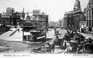 View: t00981 Fitzalan Square, looking towards Fitzalan Market Hall and Haymarket, Cab Stand, foreground, Omnibus Waiting Rooms, left, General Post Office (Haymarket) and Birmingham District and Counties Banking Co. Ltd., right