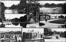 Composite postcard depicting views of Sheffield Parks. Clockwise from left, Endcliffe Woods, Whiteley Woods, Norfolk Park, Botanical Gardens, Weston Park, Meersbrook Park, Firth Park and Hillsborough Park