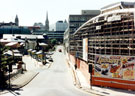 View: t01238 Construction of Ponds Forge Sports Centre, Pond Hill. Pond Street bus station, left