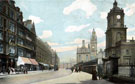 View: t01523 Pinstone Street, St. Paul's Church, right. Premises on left include Sheffield Cafe Co., Wentworth Cafe. Town Hall, in background