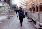 View: t01983 Church Street looking towards junction with West Street and Pinfold Street, during the construction of Supertram. Steel City Plaza in background, right