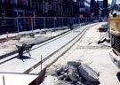 View: t02022 Glossop Road during the construction of Supertram. Glossop Road Baths on left.