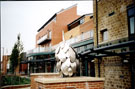 Hop Sculpture by Michael Johnson in front of former Ward's Brewery and new apartments, looking towards St Mary's Gate