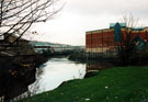 Hadfield Weir, Five Weirs Walk looking towards Meadowhall Shopping Centre and Transport Interchange