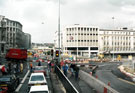 View: t02793 Traffic at Supertram construction at Castle Square from Arundel Gate looking towards Market Place, Angel Street and C and A Modes Ltd., Nos. 59 - 65 High Street