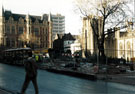 View: t02813 Supertram construction work, Church Street with the Gladstone Buildings and the Cathedral in the background