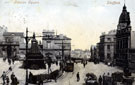 View: t03155 Fitzalan Square looking towards Fitzalan Market Hall and Haymarket 1895-1915, Cab Stand, foreground, Omnibus Waiting Room, centre, General Post Office (Haymarket), Birmingham District and Counties Banking Co. Ltd. and Wonderland entertainment boo