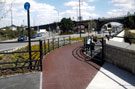 View: t03247 Entrance/exit to the Pergola Walkway, Five Weirs Walk,  Attercliffe Road looking towards Fred Mulley Road (left) and Attercliffe Road Railway Bridge