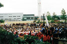 Opening ceremony, World Firefighters Games, Peace Gardens looking towards Register Office (round building behind the screens) and Arundel Gate