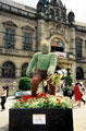 Floral sculpture of Sheffy Stan the Steelworker pouring (teeming) crucible steel outside the Town Hall, Pinstone Street part of the Sheffield entry for Britain in Bloom