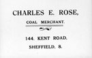 Business card of Charles Edward Rose, coal merchant, No. 144 Kent Road